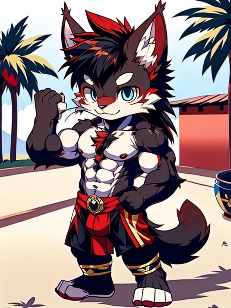 Best quality, Young, Chibi, 15 year old, Furry, Solo, Male black lynx cat: 1.5, (black fur), (black fur), black fur, blue eyes, red chest hair, black long hair, black mane, red hair, red armpit hair, red whiskers, Humanoid hands, Muscular body, Strong Abs, Strong Chest, Strong Biceps, Wearing Red Muay Thai Style Clothes, Topless, Chibi, Standing in the street of Thailand, Red Mohawk hair, Detailed black fur, Detailed cloths, Thailand.