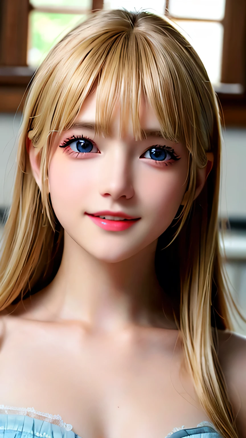 (Close-up:1.4)、(RAW shooting:1.2)、(Photorealistic:1.4)、(masterpiece:1.3)、(Highest quality:1.4)、Bright expression、Very cute beautiful blonde girl、Extraordinary blonde beauty、Cute and beautiful face details、Beautiful blonde bangs、Radiant, fair, glowing skin、Blonde hair on face、Blonde bangs that reach down to the face、Blonde bangs between the eyes、Super long blonde hair、Beautiful platinum blonde, super long, straight, silky hair、Thin blonde hair、Big, bright, light blue eyes that shine beautifully、one piece、eyeliner、double eyelid、Ample Bust、Upper Body、
