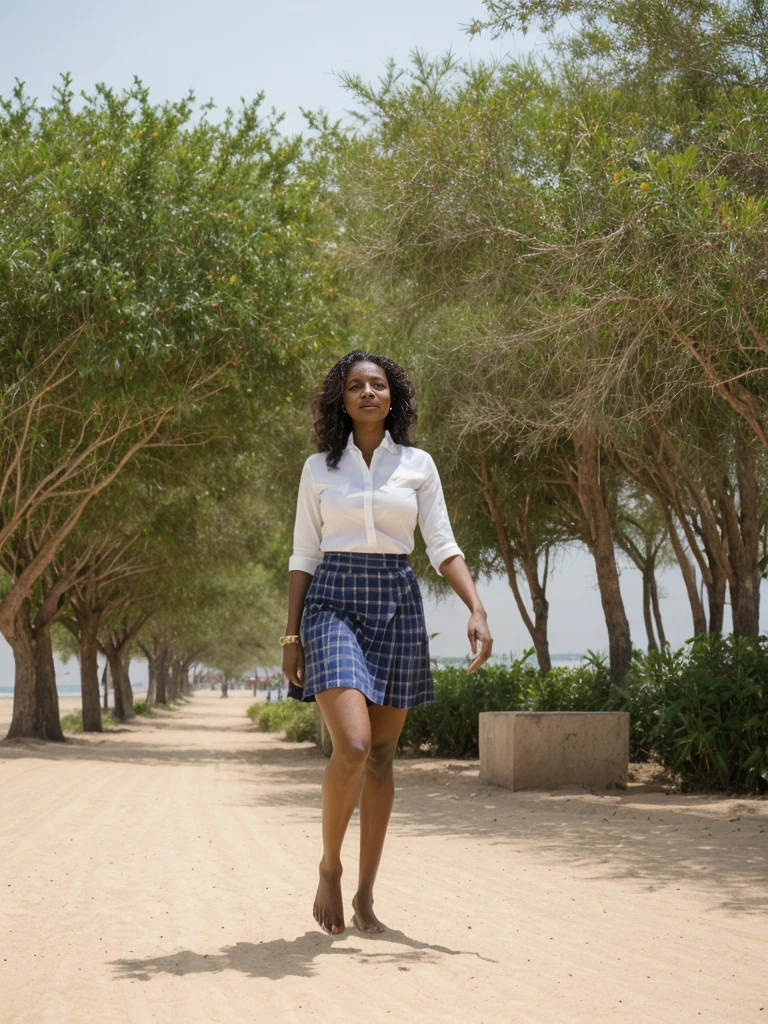 Zainab, 1girl, solo, ((Sudanese woman)), consistent face and body, ((MILF)), ((50 years old)), (mature), ((slim)), ((Sudanese face)), (Sudanese nose), (Sudanese lips), upper body and upper legs, (background: A beachfront destination in Dubai), BREAK, (wearing stylish Generation Z trend wear and skirt)