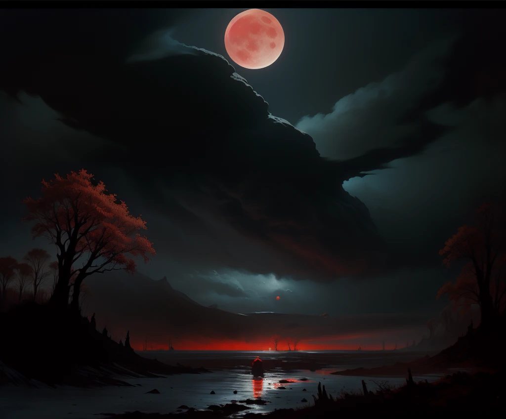 (by Greg Rutkowski: 1.2), (masterpiece), (best quality), illustration, (dark fantasy landscape), night, dead trees, mist, dark climate, cloudy moon sky, reddish moon light (two moons in sky, 1 blue moon and 1 little red moon). spooky atmosphere surrounded with blood slops. A sense of dark and horror fills the air, inviting exploration and discovery, depth of field, HDR, intricate, delicate. view from below, floor pov. oil painting