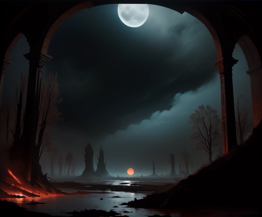 (by Greg Rutkowski: 1.2), (masterpiece), (best quality), illustration, (dark fantasy landscape), night, dead trees, mist, dark climate, cloudy moon sky, reddish moon light (two moons in sky, 1 blue moon and 1 little red moon). spooky atmosphere surrounded with blood slops. A sense of dark and horror fills the air, inviting exploration and discovery, depth of field, HDR, intricate, delicate. view from below, floor pov. oil painting