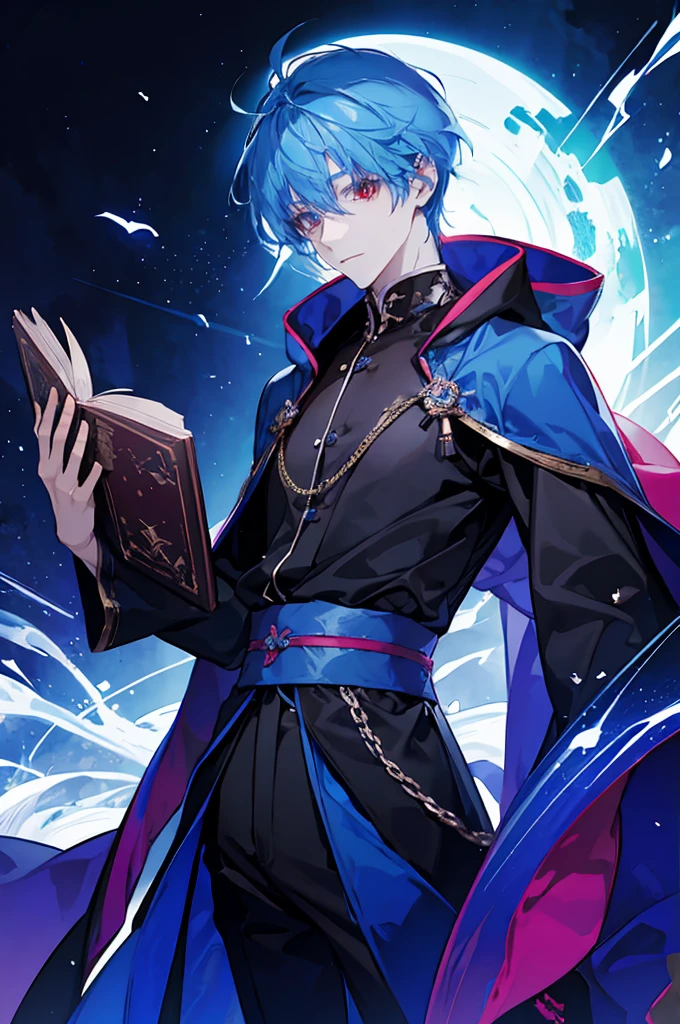 Sorcerer a pinkhightlightbluehair men, wearing a , fasion hair, fasion hair, slim body, hood, hakama, men, handsome face, tall 187cm, 21yearold, male, Secret, magicbook, red eyes, villianface