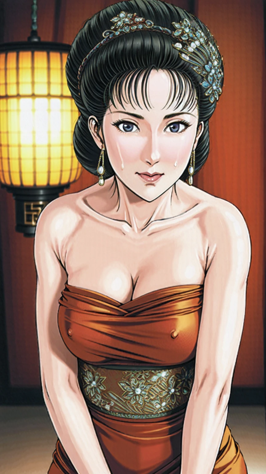 (best quality), (very aesthetic), (ultra-detailed), (best illustration),(a mature female),(perfect face),Suikoden,Mrs. Lin,(((NSFW))),((full_body)),((full_NUDE)),(Woman with pubic hair),red cheek,sweating,skinny,flushed skin,(standing),traditional Chinese bedroom,