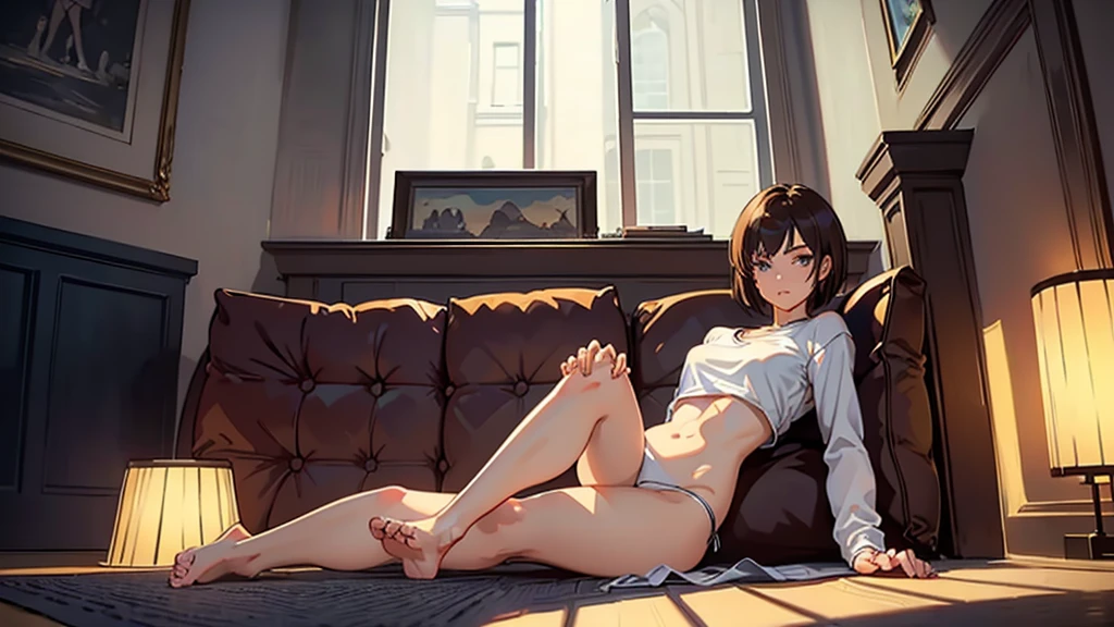 a beautiful girl, slender, boyish, handsome short hair, brown hair, (wear a white long-sleeved T-shirt), (white bikini panties) , Perfect hands, Perfect body, reclining, lying on a sofa, body facing up, legs retracted touching the sofa, , fetal position, (barefoot), ((two legs)), ((looking away)), relaxing, seduction, room, midnight, ((Exquisite detail)), Very finely crafted fingers(((10 fingers))), (full body showcase), (Show your whole body), (No logos on background), (No logo), (from below)
, feet focus, dynamic angle, high resolution, official art