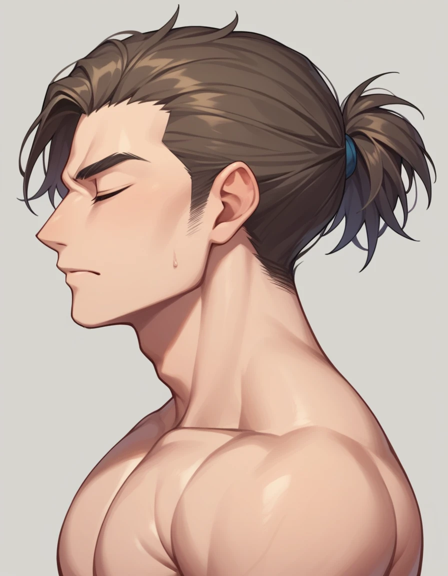 A man with his head in profile, closed eyes, hair back