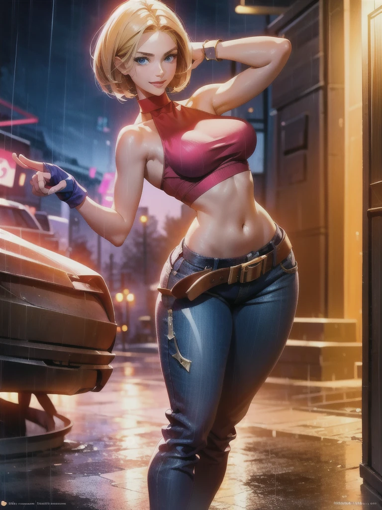 (at night), in a video game scene, a background of a beautiful city at night raining, standing at attention, red top, blue joggers, blue fingerless gloves, large brown belt hanging from her waist ((blonde hair )), 1 girl, alone, 20 years old, young woman, perfect hands, beautiful fingers, beautiful long legs, beautiful body, beautiful nose, beautiful character design, perfect face, looking at the viewer with serious gesture (focusing on her face) , closed mouth, Light_Smile, official art, extremely detailed CG unity 8k wallpaper, perfect lighting, bright and colorful front lighting, glowing skin (masterpiece: 1.0), (best_quality: 1.0), ultra high resolution, 4K, ultra photography detailed, 8K, HDR, high resolution, absurd:1.2, Kodak portra 400, film grain, blurred background, bokeh:1.2, lens flare, (vibrant_color:1.2), professional photography, (Beautiful, breasts: 1.4), ( beautiful_face: 1.5), (narrow waist),
