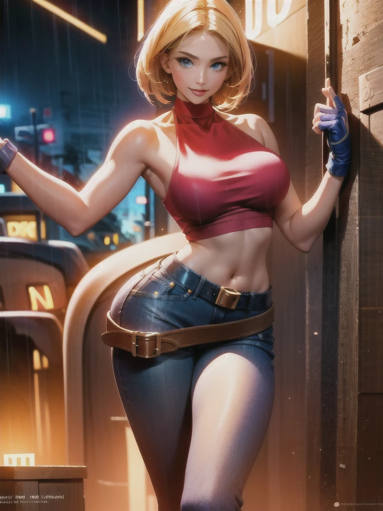 (at night), in a video game scene, a background of a beautiful city at night raining, standing at attention, red top, blue joggers, blue fingerless gloves, large brown belt hanging from her waist ((blonde hair )), 1 girl, alone, 20 years old, young woman, perfect hands, beautiful fingers, beautiful long legs, beautiful body, beautiful nose, beautiful character design, perfect face, looking at the viewer with serious gesture (focusing on her face) , closed mouth, Light_Smile, official art, extremely detailed CG unity 8k wallpaper, perfect lighting, bright and colorful front lighting, glowing skin (masterpiece: 1.0), (best_quality: 1.0), ultra high resolution, 4K, ultra photography detailed, 8K, HDR, high resolution, absurd:1.2, Kodak portra 400, film grain, blurred background, bokeh:1.2, lens flare, (vibrant_color:1.2), professional photography, (Beautiful, breasts: 1.4), ( beautiful_face: 1.5), (narrow waist),
