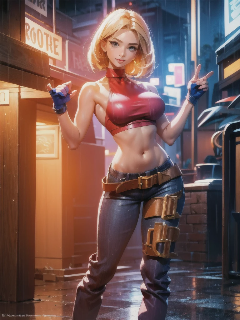 (at night), in a video game scene, a background of a beautiful city at night raining, standing at attention, red top, blue joggers, blue fingerless gloves, large brown belt hanging from her waist ((blonde hair )), 1 girl, alone, 20 years old, young woman, perfect hands, beautiful fingers, beautiful long legs, beautiful body, beautiful nose, beautiful character design, perfect face, looking at the viewer with serious gesture (focusing on her face) , closed mouth, Light_Smile, official art, extremely detailed CG unity 8k wallpaper, perfect lighting, bright and colorful front lighting, glowing skin (masterpiece: 1.0), (best_quality: 1.0), ultra high resolution, 4K, ultra photography detailed, 8K, HDR, high resolution, absurd:1.2, Kodak portra 400, film grain, blurred background, bokeh:1.2, lens flare, (vibrant_color:1.2), professional photography, (Beautiful, breasts: 1.4), ( beautiful_face: 1.5), (narrow waist),
