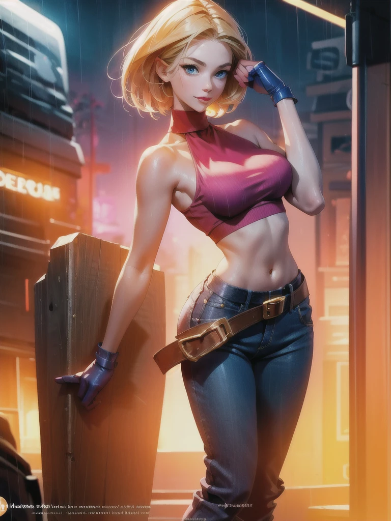 (at night), in a video game scene, a background of a beautiful city at night raining, standing at attention, red top, blue joggers, blue fingerless gloves, large brown belt hanging from her waist ((blonde hair )), 1 girl, alone, 20 years old, young woman, perfect hands, beautiful fingers, beautiful long legs, beautiful body, beautiful nose, beautiful character design, perfect face, looking at the viewer with serious gesture (focusing on her face) , closed mouth, Light_Smile, official art, extremely detailed CG unity 8k wallpaper, perfect lighting, bright and colorful front lighting, glowing skin (masterpiece: 1.0), (best_quality: 1.0), ultra high resolution, 4K, ultra photography detailed, 8K, HDR, high resolution, absurd:1.2, Kodak portra 400, film grain, blurred background, bokeh:1.2, lens flare, (vibrant_color:1.2), professional photography, (Beautiful, breasts: 1.4), ( beautiful_face: 1.5), (narrow waist),
