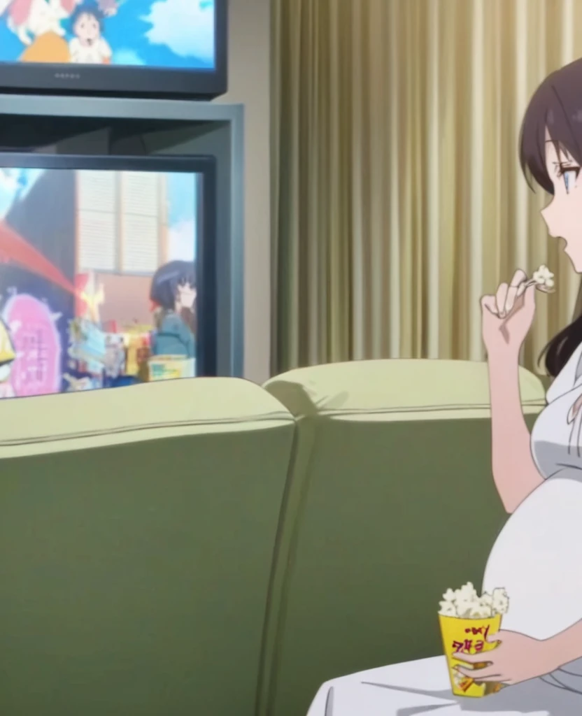 Pregnant woman, sitting on the sofa, while eating popcorn, background in the living room with TV, anime screencap