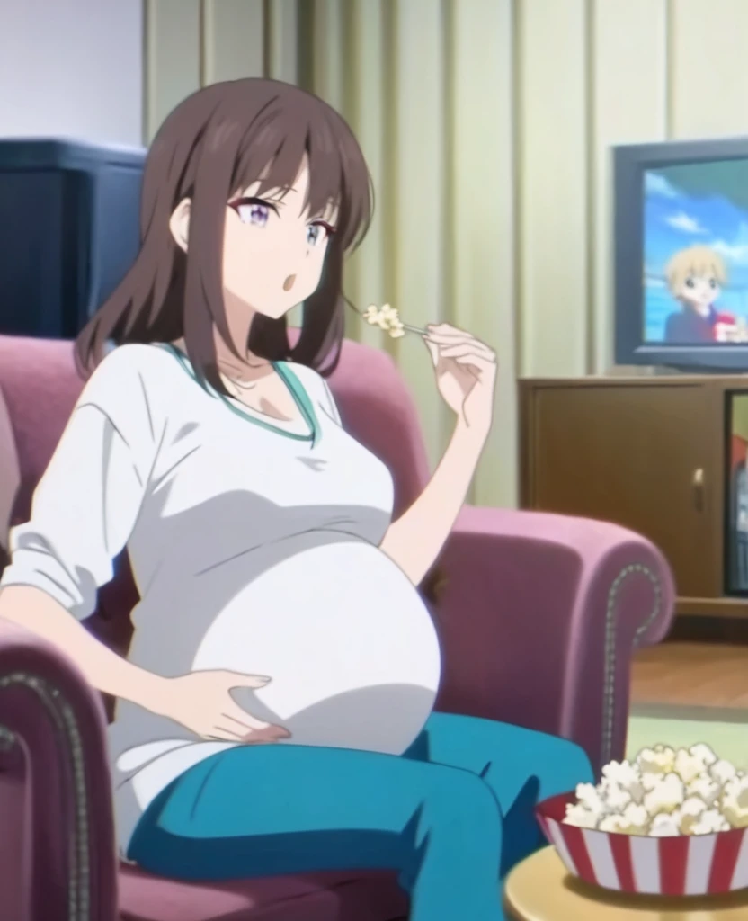 Pregnant woman, sitting on the sofa, while eating popcorn, background in the living room with TV, anime screencap