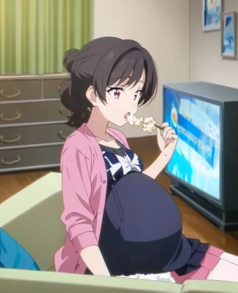Pregnant woman, sitting on the sofa, while eating popcorn, background in the living room with TV, anime screencap