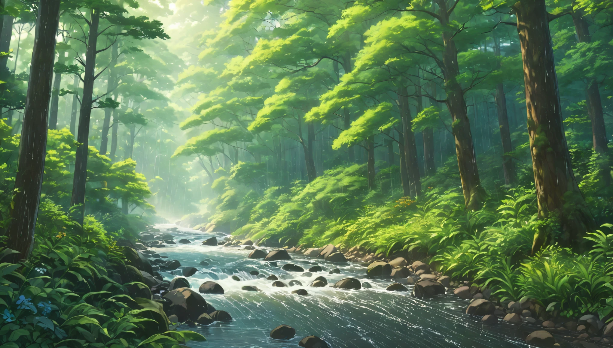 early summer,forest,heavy rain,Abundant nature,Ghibli style,Highest quality, 8k, High resolution, masterpiece:1.2, Very detailed, Realistic:1.37, High resolution, 超High resolution, Very detailed, Professional, Vibrant colors