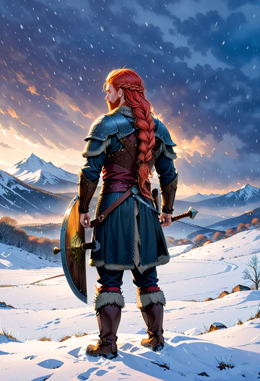 A digital illustration of a Viking warrior with red hair, standing in a snowy landscape. The warrior is viewed from the back, holding a large axe over their shoulder. Their hair is braided, and they wear dark, weathered armor. A round shield is strapped to their back, and a sword is sheathed at their side. Snow is gently falling around them, and the scene is illuminated by a cold, dim light from the horizon. Birds can be seen flying in the distance, adding to the sense of a bleak, wintry setting