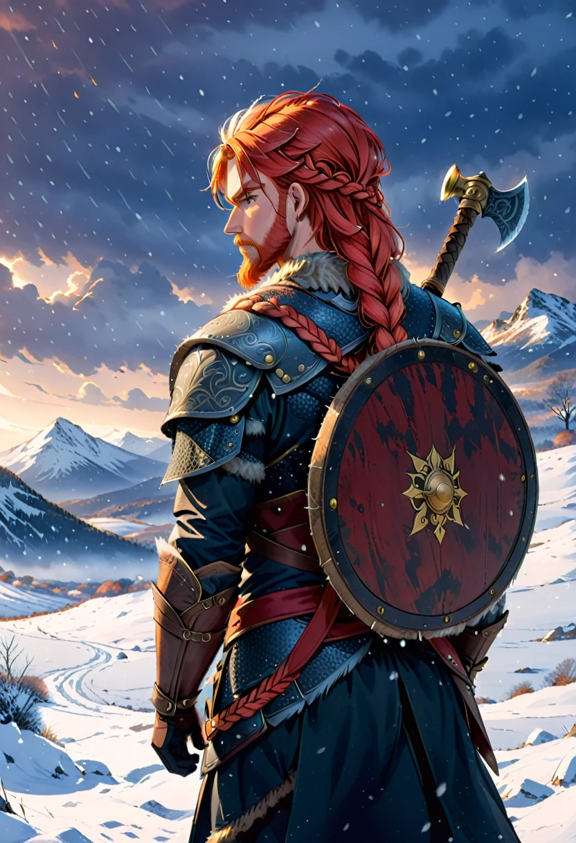 A digital illustration of a Viking warrior with red hair, standing in a snowy landscape. The warrior is viewed from the back, holding a large axe over their shoulder. Their hair is braided, and they wear dark, weathered armor. A round shield is strapped to their back, and a sword is sheathed at their side. Snow is gently falling around them, and the scene is illuminated by a cold, dim light from the horizon. Birds can be seen flying in the distance, adding to the sense of a bleak, wintry setting