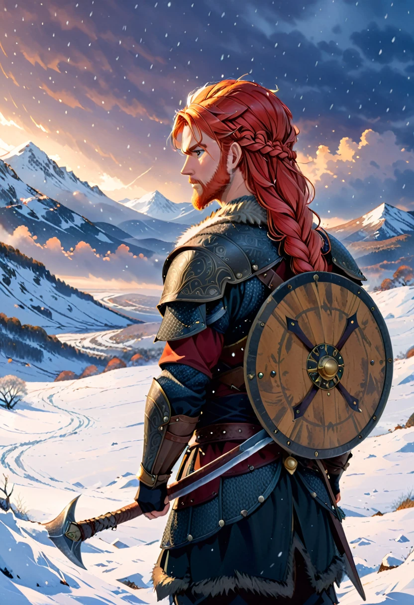A digital illustration of a Viking warrior with red hair, standing in a snowy landscape. The warrior is viewed from the back, holding a large axe over their shoulder. Their hair is braided, and they wear dark, weathered armor. A round shield is strapped to their back, and a sword is sheathed at their side. Snow is gently falling around them, and the scene is illuminated by a cold, dim light from the horizon. Birds can be seen flying in the distance, adding to the sense of a bleak, wintry setting