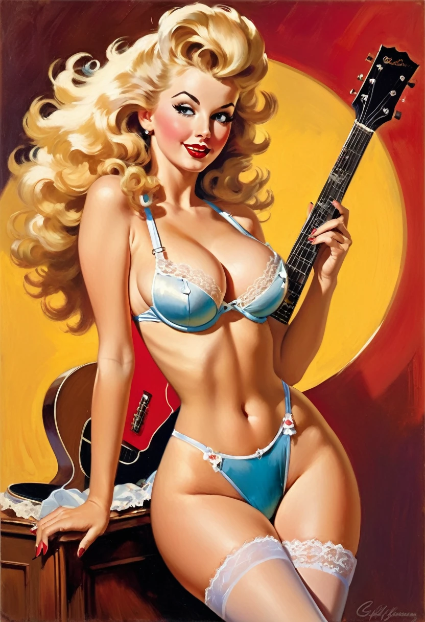 A Gil Elvgren pin-up style painting of a beautiful nude woman with big messy blonde hair, vibrant and colorful, full body shot, posing with a broom and a loose bandana on her head