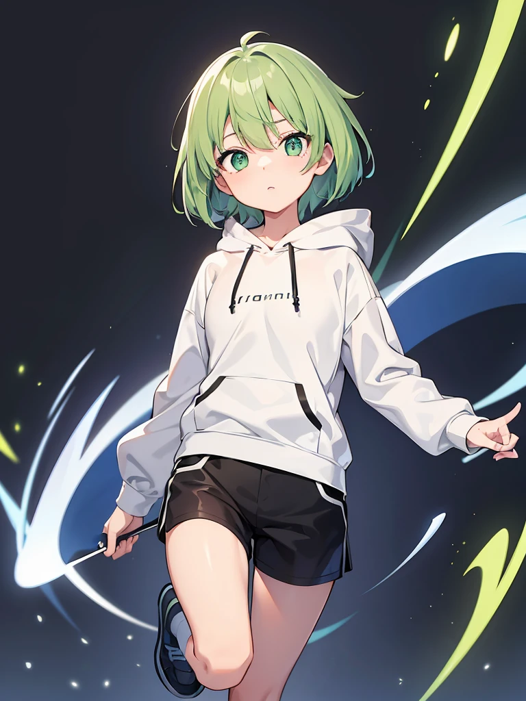 Masterpiece,High Quality,(Full Length 1.2),Animated Standing, Black Shorts,(Black and White Open Hoodie),Black Open Hoodie,(Green Hair 1.4),Animated Girl with short green hair and green eyes,(Detailed Eyes 1.6),(Clear Eyes 1.4),(Beautiful Eyes 1.4),(Shining Eyes 1 .4), White cyan, Green hair, Detailed key animated art, Animated portrait, Shining eyes, Green haired girl, Green light hair, Black shorts, Gray shoes, White socks, Thighs, 4K
