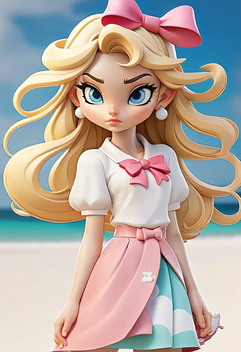 A character with the characteristics: long blonde hair white skin blue eyes a little white bow on her head with a pink top a pink beach skirt and a white bag a white sandal