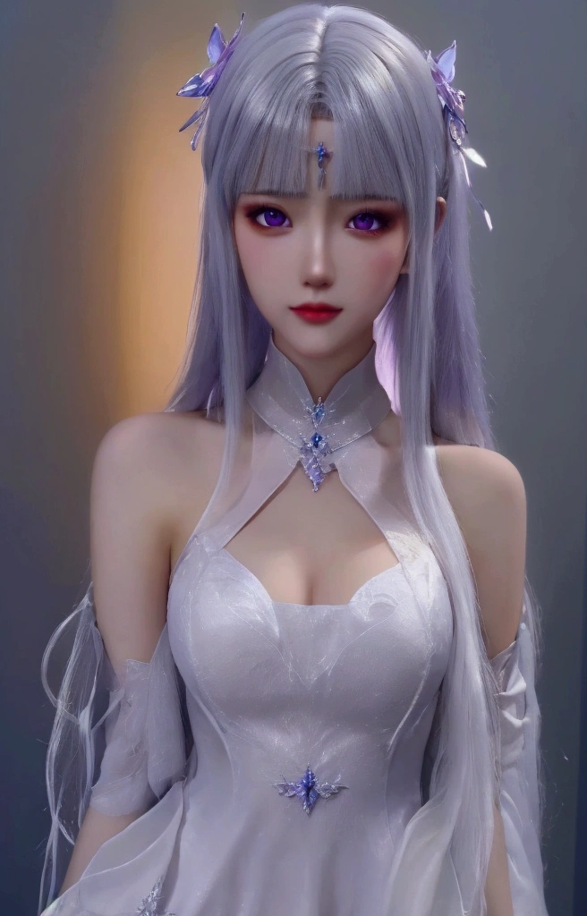 ulzzang-6500-v1.1,(raw photo:1.2),((photorealistic:1.30)), ((best quality)) ,((masterpiece)),((Ultra High Resolution)), ((Clear View)),,Ultra-high resolution,Clear face,(Reality:1.4) , illustration, an extremely delicate and beautiful, extremely detailed ,CG ,unity ,8k wallpaper, Amazing, finely detail, masterpiece,best quality,official art,extremely detailed CG unity 8k wallpaper,absurdres, incredibly absurdres, huge filesize, ultra-detailed, highres, extremely detailed,beautiful detailed girl, extremely detailed eyes and face, beautiful detailed eyes,light on face,cinematic lighting, 1girl, 独奏, long hair, white hair, bangs, hair ornament, purple eyes, dress, white dress, (full body:1:5), (standing:1.3),