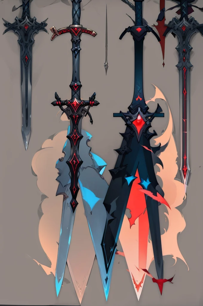 concept art of Two fantasy greatswords made out of ebony iron, the one on the right is thicker, the one on the left is has three red magic crystals, weapon anime sheet, several points of view, dark fantasy, evil great sword, weapons from granblue fantasy, white background, anime style