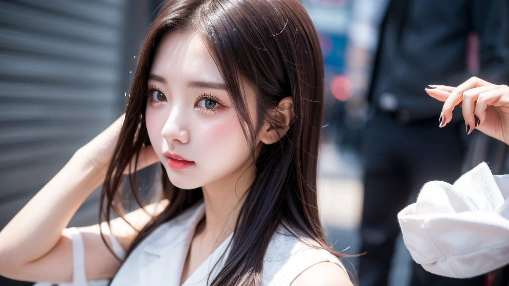 Stock prices plummet、Pretending to cry、stock market、Physiologically correct body、Formal wear、A cute 20 year old girl、Medium Hair,Natural color lip, Blur the background