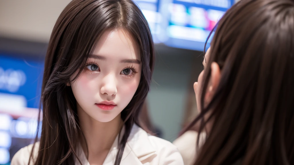Stock prices plummet、Pretending to cry、stock market、Physiologically correct body、Formal wear、A cute 20 year old girl、Medium Hair,Natural color lip, Blur the background
