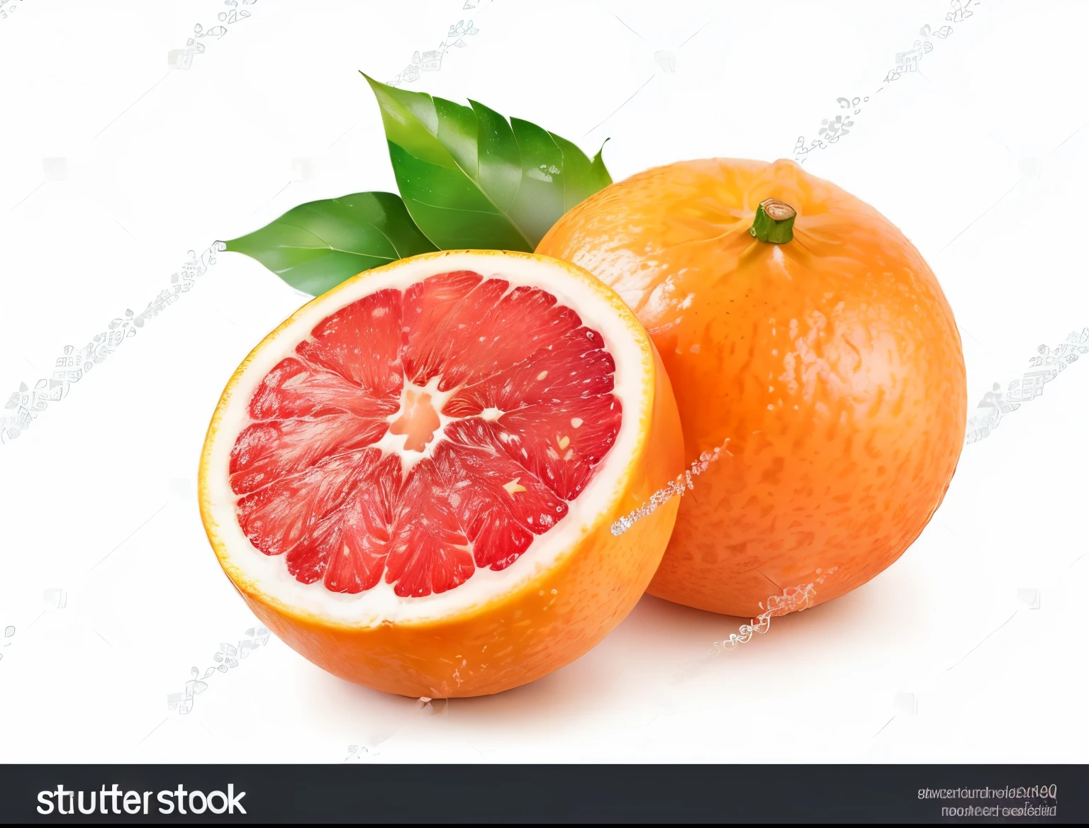 two grapefruits with leaves on a white background, a stock photo, trending on shutterstock, sliced grapefruit