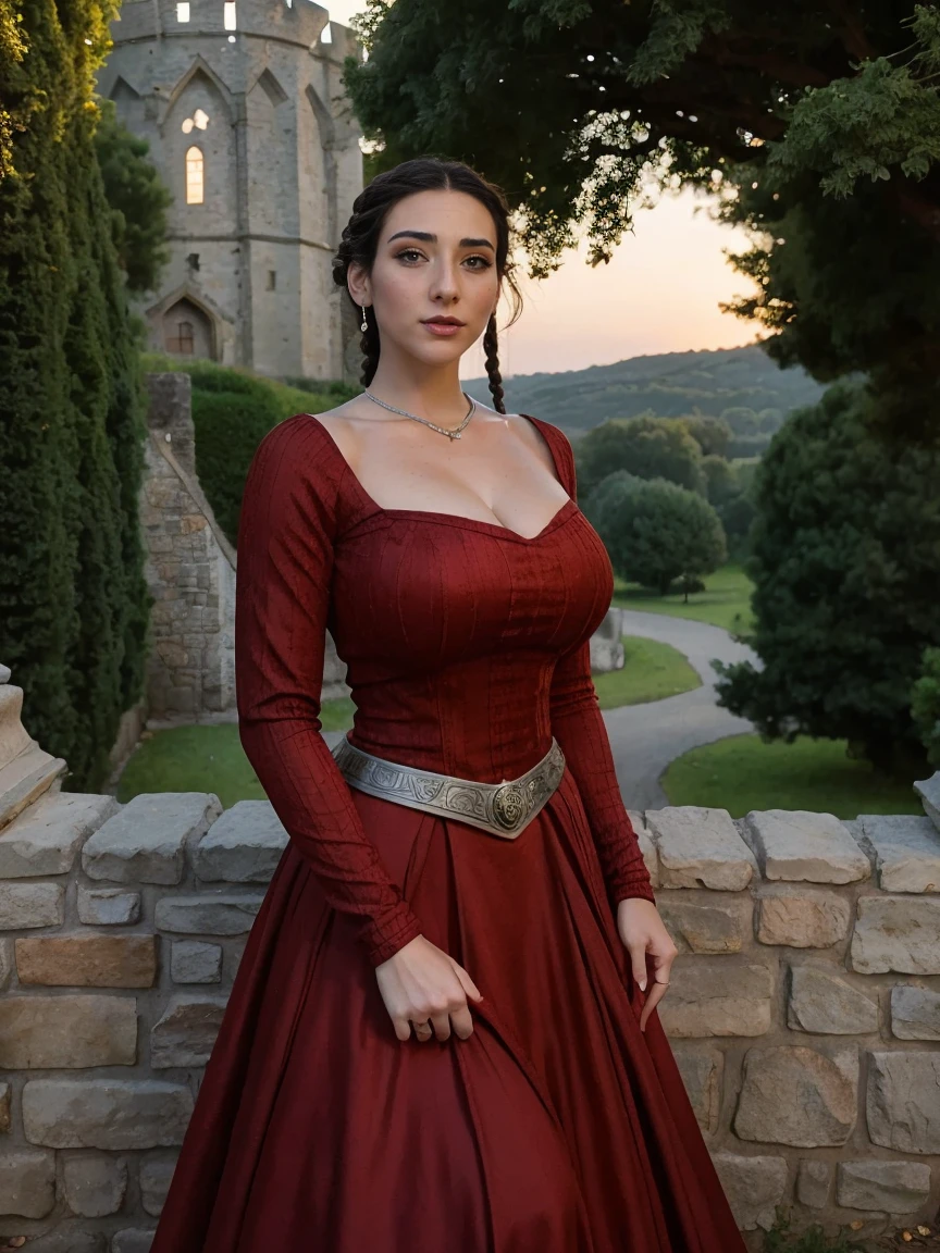 Gorgeous and sultry busty athletic (thin, slim, petite) brunette queen with sharp facial features wearing a dark red medieval dress, long sleeves, intricate patterns, scrollwork, wide neck, long dress, modest dress, tight bodice, silver dangle chain, (waist chain), medieval jewelry, Middle Ages, castle, rampart, wall, exterior, on top of a castle wall, trees, countryside, evening, sunset. large breasts. (Crown braid, updo)