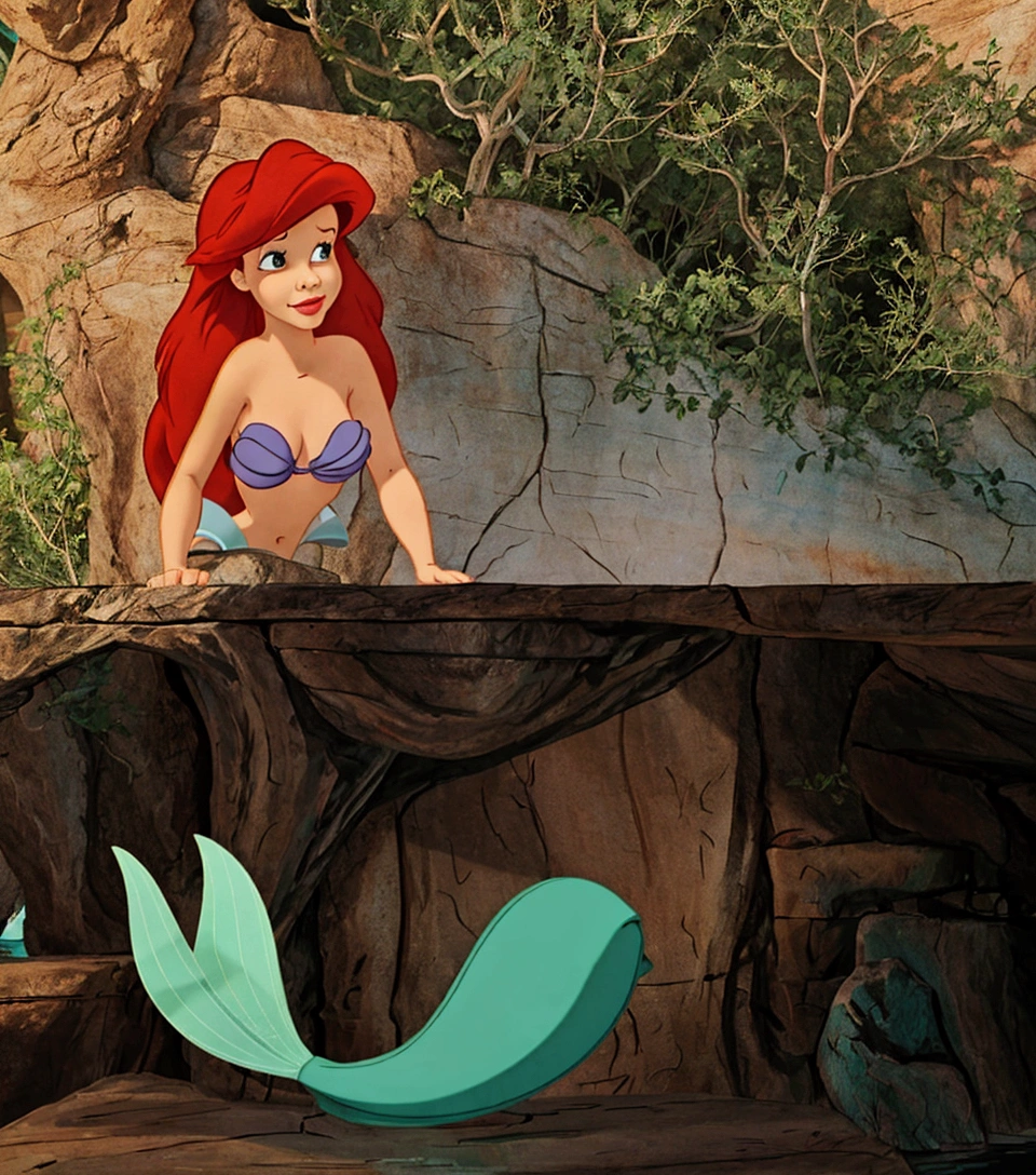 there is a cartoon mermaid sitting on a rock next to a table, ariel the little mermaid, in style of disney animation, seperated game asset, princess ariel, upscaled to high resolution, little mermaid, the little mermaid, art in the style of disney, little mermaid magical kingdom, disney 2d animation still, screenshot from the game, mermaid in distance