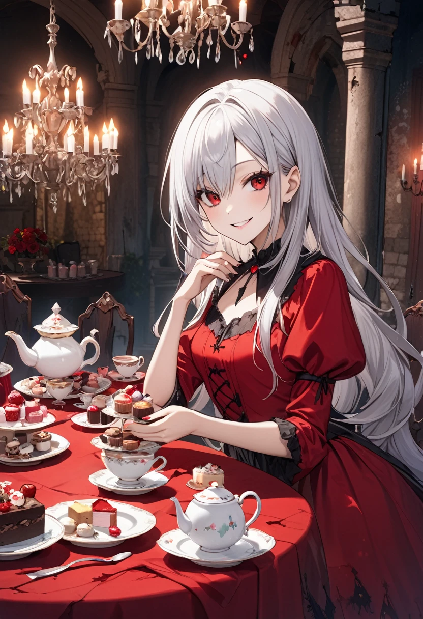 A beautiful vampire girl with long silver hair, red eyes and a red dress. A dinner party in an abandoned castle. A long table with a red tablecloth and a chandelier. On the table are many sweets and a teapot. An abandoned castle. A bewitching smile. A teacup in her hand.