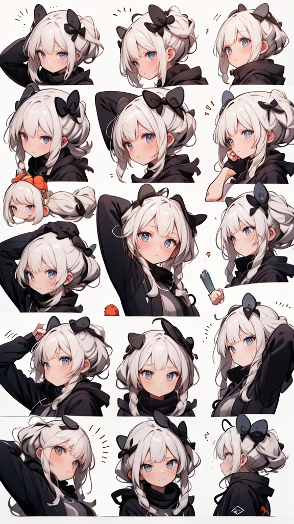 (part of the masseter,best qualityer,ultra detali),(character sheet:1.2),whole body,,from front view,lateral view,rear view,gold eyes,shiny pupils,delicate hair ornaments,long straight gray hair, bow ribbon, brilliant smile, uniforms, Reference table, nffsw, precise, super detaill, solid track record, high détail, 4K, dagger decoration, Same character