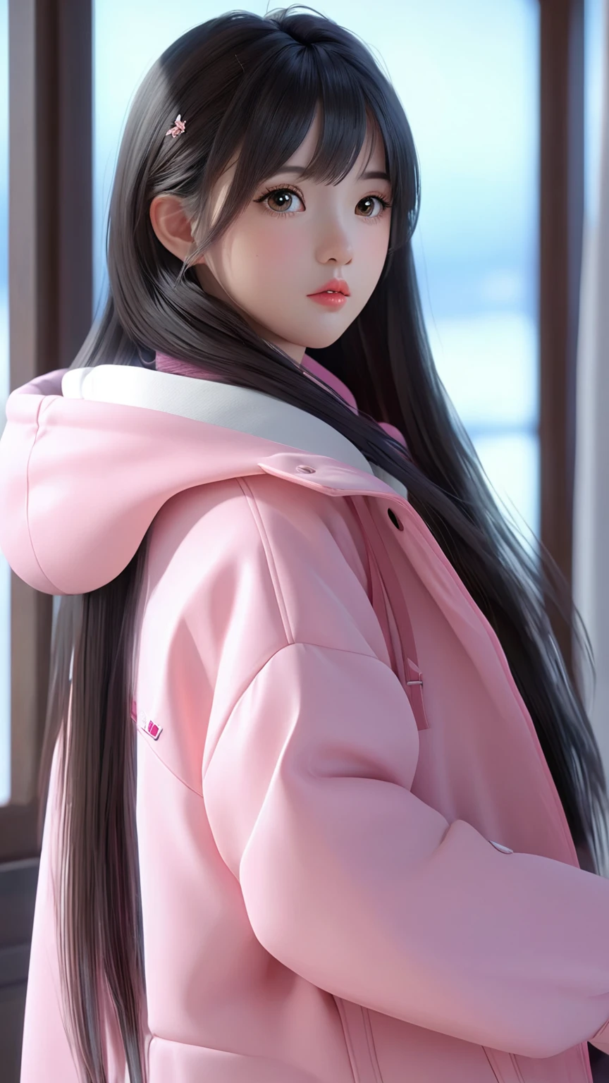 a close up of a person wearing a pink jacket and a pink hat, realistic anime 3 d style, 3 d anime realistic, trending on cgstation, realistic young anime girl, photorealistic anime girl render, anime styled 3d, photorealistic anime, artwork in the style of guweiz, realistic artstyle, anime style. 8k, realistic anime artstyle