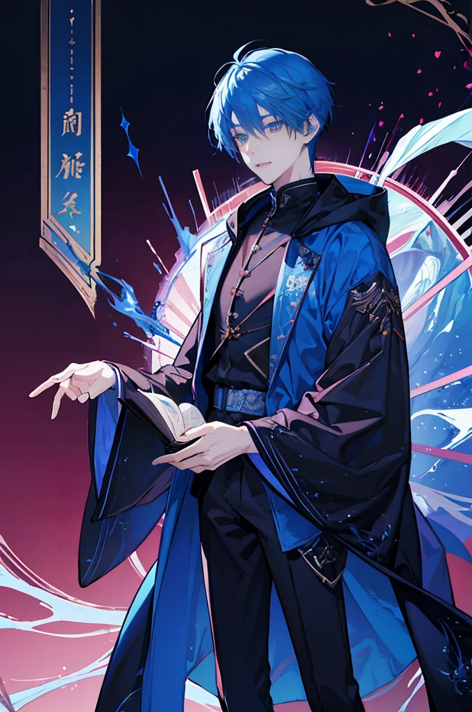 Sorcerer a pinkhightlightbluehair men, wearing a , fasion hair, fasion hair, slim body, hood, hakama, men, handsome face, tall 187cm, 21yearold, male, Secret, magicbook, red eyes, villianface