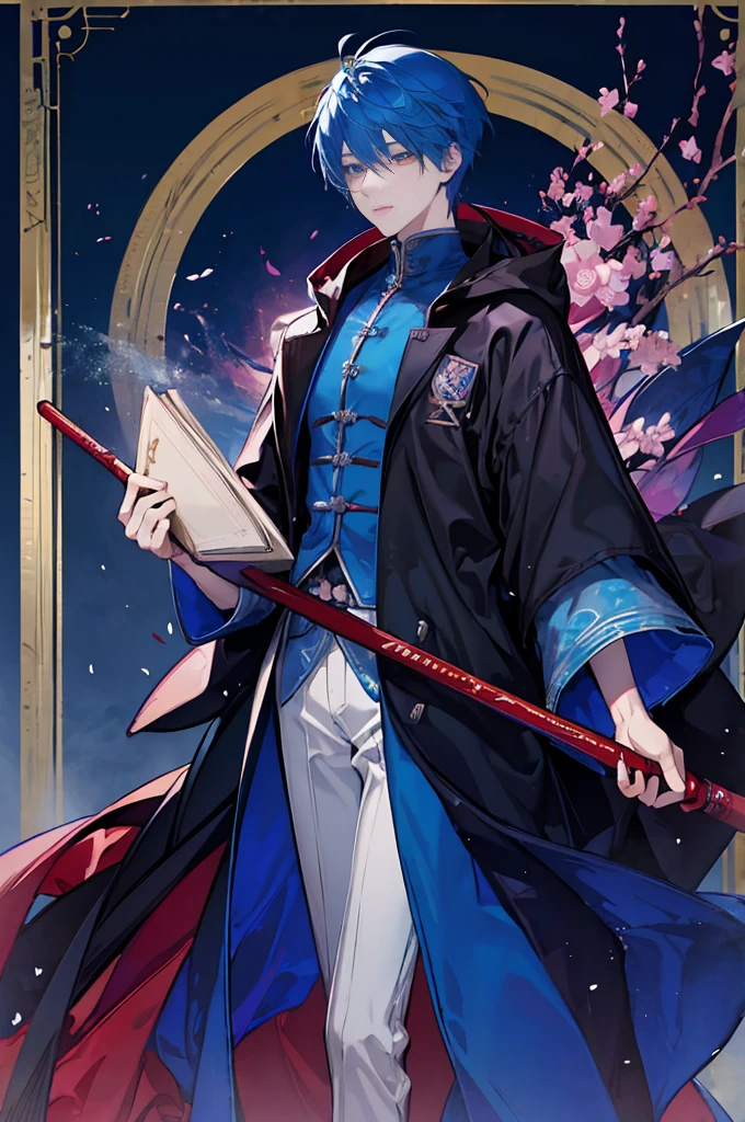Sorcerer a pinkhightlightbluehair men, wearing a , fasion hair, fasion hair, slim body, hood, hakama, men, handsome face, tall 187cm, 21yearold, male, Secret, magicbook, red eyes, villianface