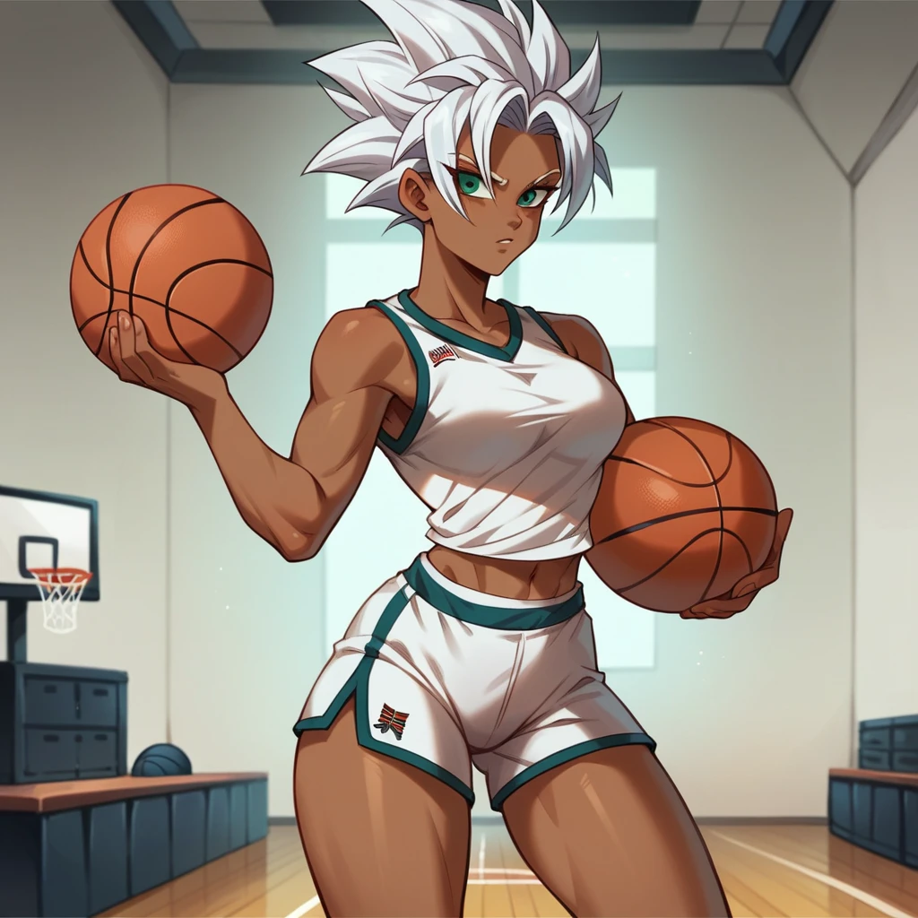 1girl, alone, Saiyan, spiky white hair combed back , green eyes, slim, thin waist, wide hips, dark skin, medium breasts,stephen curry shirt, white sports shorts, playing basketball, on a street basketball court