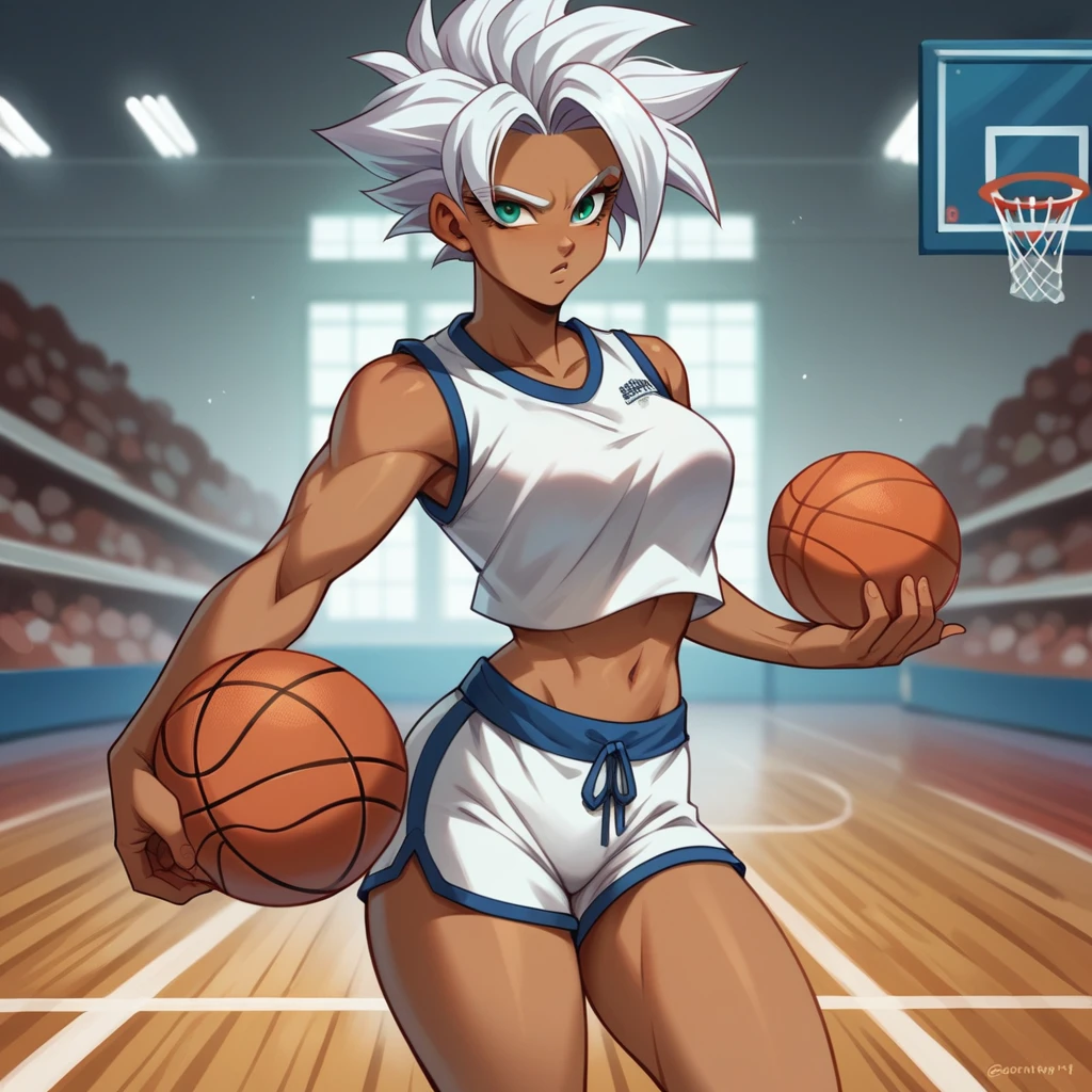 1girl, alone, Saiyan, spiky white hair combed back , green eyes, slim, thin waist, wide hips, dark skin, medium breasts,stephen curry shirt, white sports shorts, playing basketball, on a street basketball court