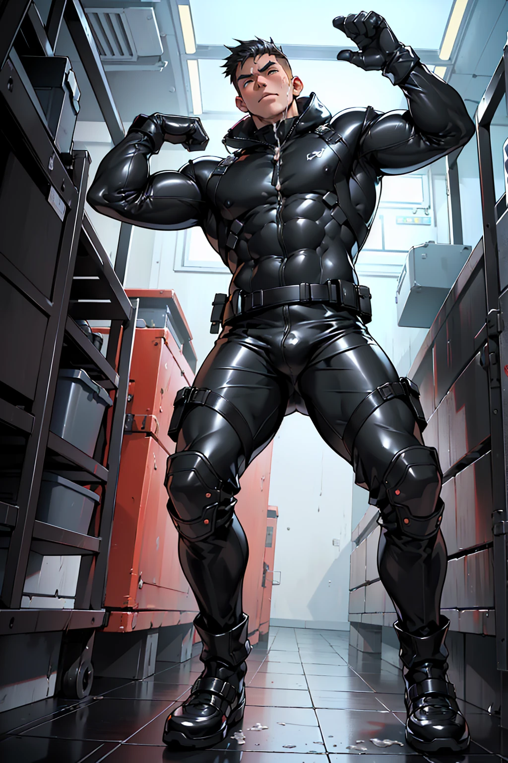 score_9, score_8_up, score_7_up, score_6_up, score_5_up, score_4_up, nsfw, (masterpiece, highest quality, bust shot:1.1, Fisheye), muscular juvenile wearing a full body tight latex hero suit, (((1boy, solo, )) , (luster, Full body black rubber suit, black rubber gloves, black rubber bootale children, young boy, &#39;s face, cool, Early childhood, when I was young, teenager facoung face, short round face, flat jaw, Three white eyes, delicate big red and black eyes, detailed face), smooth white skin, blush, anger, Looks embarrassed, anger, color bleach, short golden orange hair, ((low length)), detailed body, Muscular full body Esbian, Three-dimensional muscles, Detailed muscles, abs, six pack, trapezius muscle, Triangular ribs, biceps muscles, forearm muscles, thick pectoral muscles, Latissimus dorsi, Thigh hamstrings, giant gluteus maximus, big ball, perfect anatomy, base, rim light, sunshine, Uncircumcised penis, ((flying cum:1.5))