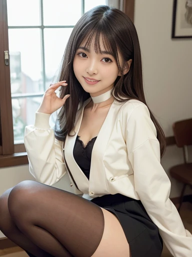 Japanese female, a lot of details, (underweight), 30 years old, detailed black hair, beautiful detailed hair, super fucking beautiful, delicate beautiful face, complex details beautiful and delicate eyes, perfect hands, (flat chest best quality:1.5), perfect and delicate limbs, detailed skin, best quality, ultra-detailed,(cheerful grin:1.5),
background photo, crouching, semi long, office lady,(cream skirt, long sleeves, pantyhose, cream jacket:1.1), cowboy shot, side view, from below