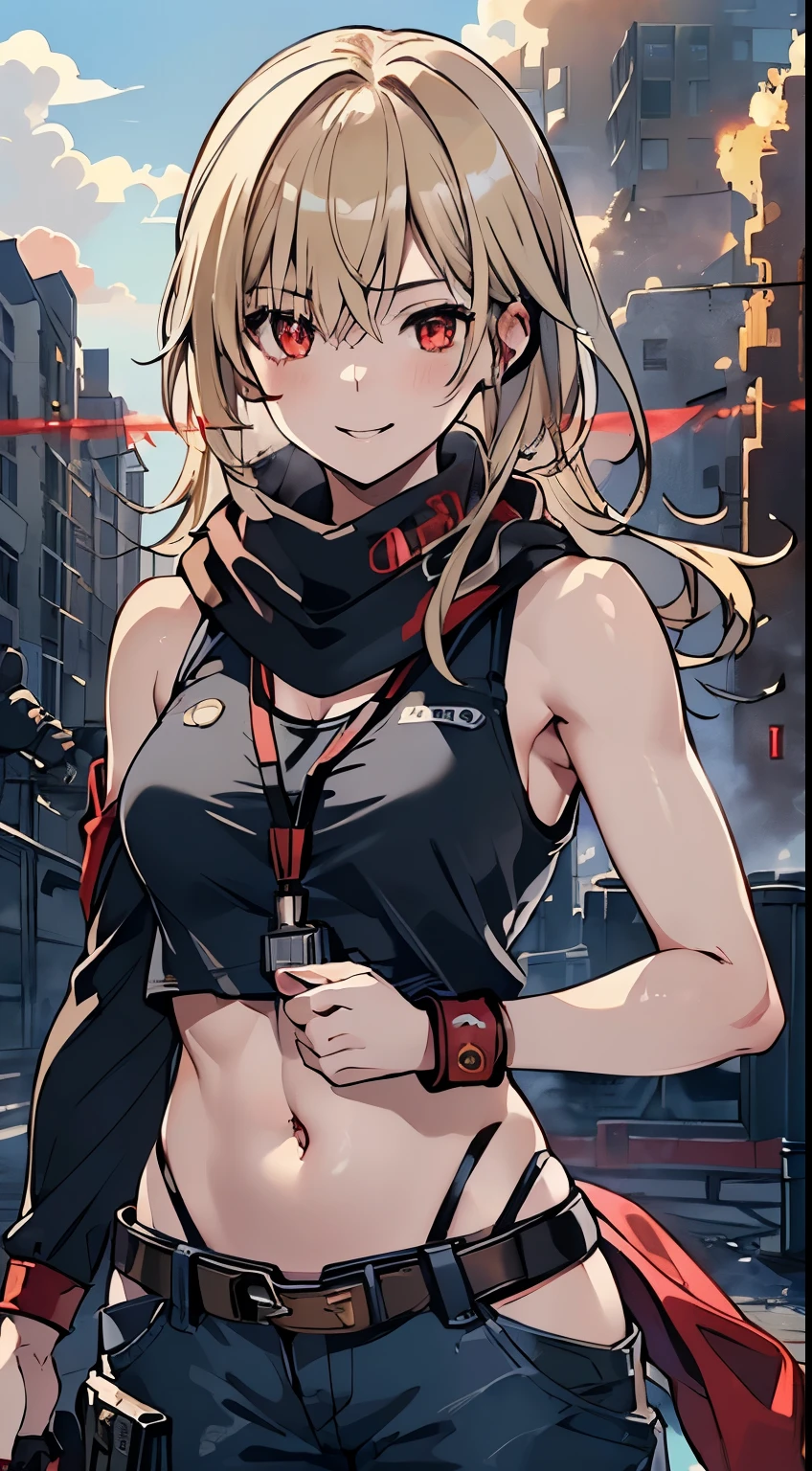 top-quality、Top image quality、masterpiece、girl with((18year old、Blue navel tank top、Military pants、Best Bust、Bust 90、Blonde Away Tail、Red Eyes、open chest wide、Valley、Happiness、A slender、ssmile、black bandana、Holding a revolver in your right hand,Earphone jack in ear、Red Body Paint、Shooter、Black scarf、dog tag、a little muscular、nffsw))hiquality、Beautiful Art、Background with((Survival Games、Burning smoke、drone、Sunny city))、masutepiece、Elaborate design、visualart、