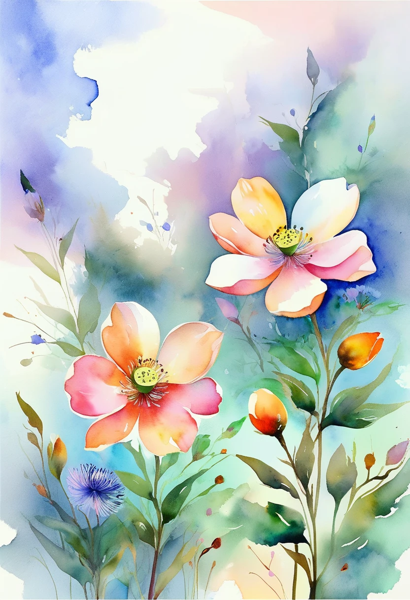 Soft tones,Lightweight style,Comfortable and calm,nature,Warm and cosy,garden,This watercolor floral painting shows a beautiful scene of wildflowers and peach blossoms in a field。The screen is mainly white background,Highlight the bright colors of flowers。Use the splash technique,Recreate a humid atmosphere。Abstract composition combined with surreal elements,Create unique visual effects。Light tones、Light pink and light green color scheme,and high-resolution details,Show the vitality and vigor of flowers。The splashing ink effect adds a sense of dynamism to the picture..。Generally speaking,The picture is painted in light tones,Presenting a beautiful watercolor flower painting,Horizontal version。