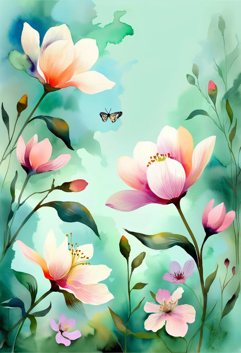 Soft tones,Lightweight style,Comfortable and calm,nature,Warm and cosy,garden,This watercolor floral painting shows a beautiful scene of wildflowers and peach blossoms in a field。The screen is mainly white background,Highlight the bright colors of flowers。Use the splash technique,Recreate a humid atmosphere。Abstract composition combined with surreal elements,Create unique visual effects。Light tones、Light pink and light green color scheme,and high-resolution details,Show the vitality and vigor of flowers。The splashing ink effect adds a sense of dynamism to the picture..。Generally speaking,The picture is painted in light tones,Presenting a beautiful watercolor flower painting,Horizontal version。