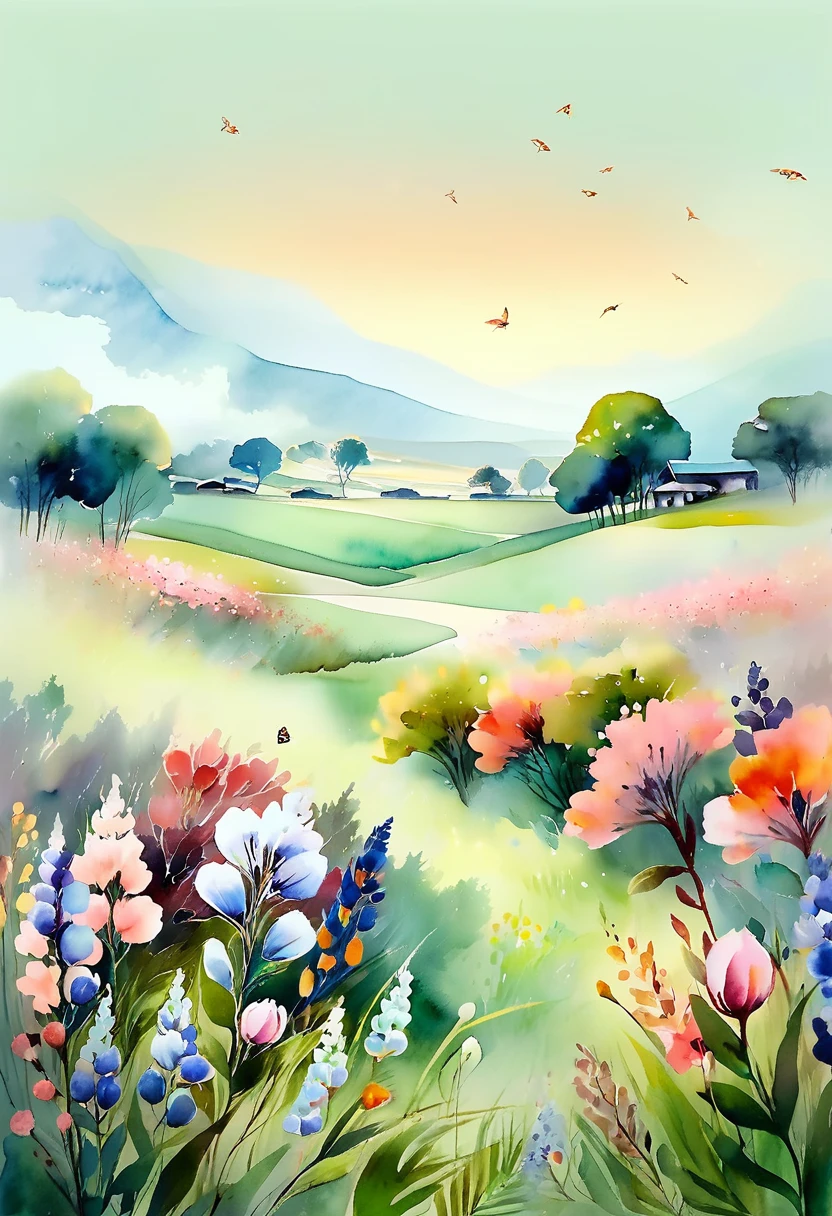 Soft tones，Lightweight style，Comfortable and calm，nature，Warm and cosy，garden，This watercolor floral painting shows a beautiful scene of wildflowers and peach blossoms in a field。The screen is mainly white background，Highlight the bright colors of flowers。Use the splash technique，Recreate a humid atmosphere。Abstract composition combined with surreal elements，Create unique visual effects。Light tones、Light pink and light green color scheme，and high-resolution details，Show the vitality and vigor of flowers。The splashing ink effect adds a sense of dynamism to the picture..。Generally speaking，The picture is painted in light tones，Presenting a beautiful watercolor flower painting，Horizontal version。