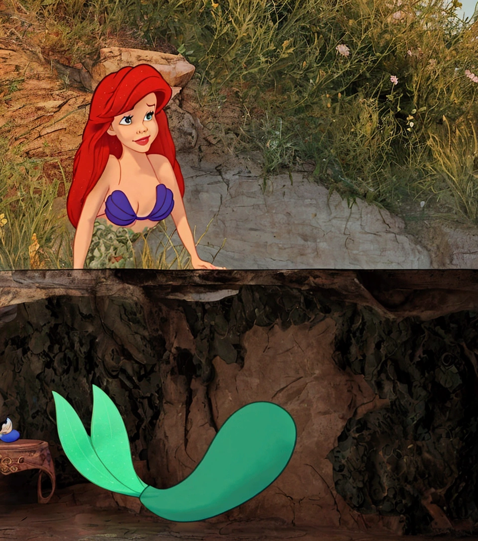 there is a cartoon mermaid sitting on a rock next to a table, ariel the little mermaid, in style of disney animation, seperated game asset, princess ariel, upscaled to high resolution, little mermaid, the little mermaid, art in the style of disney, little mermaid magical kingdom, disney 2d animation still, screenshot from the game, mermaid in distance
