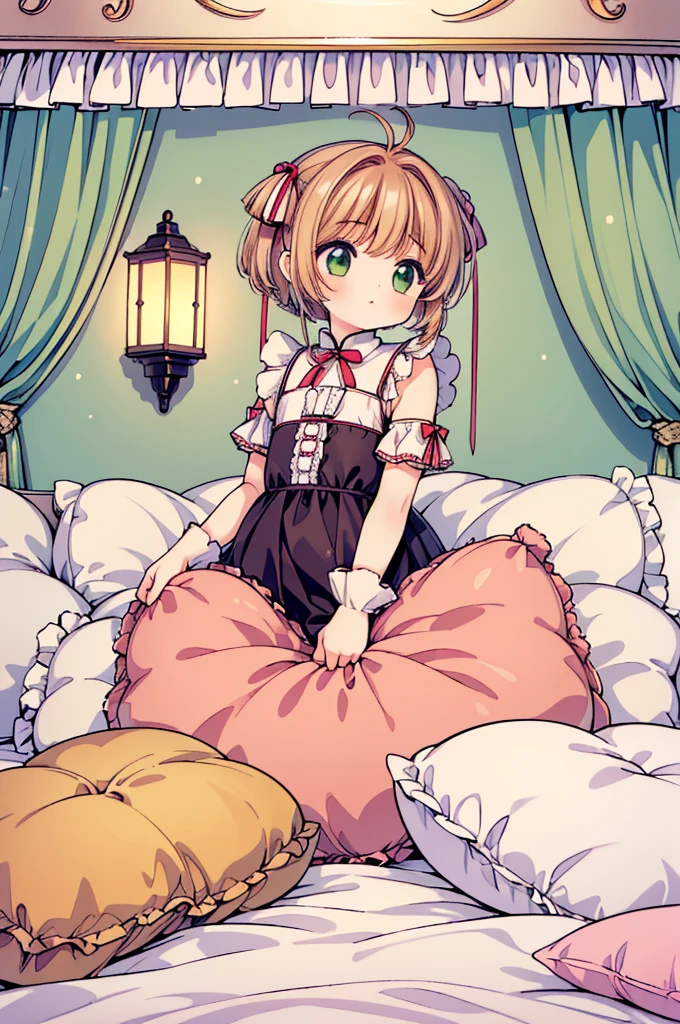 (masterpiece,best quality,best quality, masterpiece),Mine, , , (适合任何Pillow背景的光影)), 穿着公主裙的可爱女孩在Pillow上摆姿势 ,,,(很多Pillow),Soft cushion,,,,很多Pillow,,,(Pillow),(A tail),,(充满细节的Pillow),(Around the protagonist),steam,,(Pillow),(palace),(palace殿卧室),(Pillow),柔软的Pillow,,(Classical European style bedroom ),(excited,shy person,Lack of expressiveness,),,, ((Maximum resolution)), artwork, ,,,(Interior of the palace),,(Deluxe Rococo Canopy King Bed),Luxurious curtains with ornate ruffles and ribbons hang around the large bed.,((((床上堆满了许多Pillow)))),Quilt details,Detailed bed linen,Ruffled Bed Skirt,Deep Bed,Background with depth,((详细的Pillow)), ((((大量的Pillow)))),,,详细的软Pillow,,((女孩正躺在许多柔软的Pillow上,周围有许多Pillow)),。Many small feathers fluttering、 Long nightgown with ruffles and ribbons、In a huge, Large canopy bed、Soft pink sheets and quilt、色彩鲜艳的柔软Pillow、很多带褶边的Pillow和带褶边的床裙、Soft toned bed、Ruffled curtains around the bed.。Delicate face。Background with depth,Sakura Kinomoto,(Sakura Kinomoto, 1 Girl, Brown hair, short hair, Antenna hair, , Green Eyes),pillow hump,hump