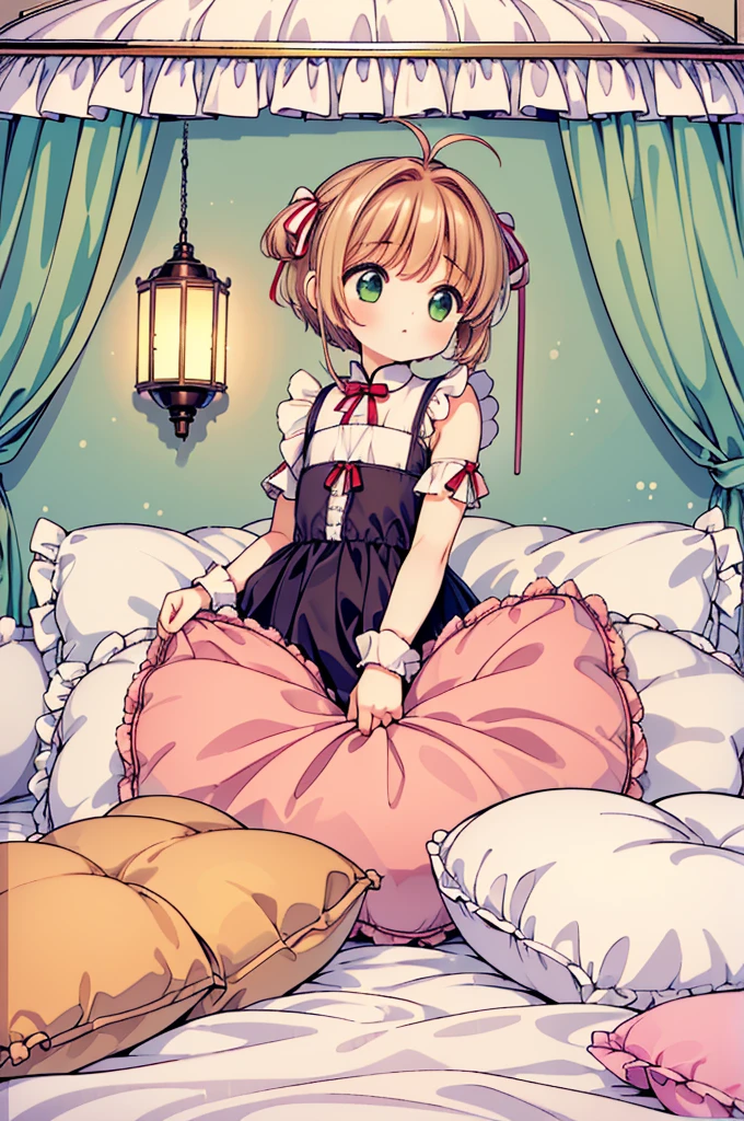 （masterpiece，best quality，best quality, masterpiece），Mine, , , (适合任何Pillow背景的光影））, 穿着公主裙的可爱女孩在Pillow上摆姿势 ，，,（很多Pillow），Soft cushion，，，，很多Pillow，，，（Pillow），（A tail），，（充满细节的Pillow），（Around the protagonist），steam，，（Pillow），（palace），（palace殿卧室），（Pillow），柔软的Pillow，，（Classical European style bedroom ），（excited，shy person，Lack of expressiveness，），，, ((Maximum resolution)), artwork, ，,,(Interior of the palace),,(Deluxe Rococo Canopy King Bed),Luxurious curtains with ornate ruffles and ribbons hang around the large bed.,((((床上堆满了许多Pillow)))),Quilt details,Detailed bed linen,Ruffled Bed Skirt,Deep Bed,Background with depth,((详细的Pillow)), ((((大量的Pillow))))，,，详细的软Pillow,,((女孩正躺在许多柔软的Pillow上,周围有许多Pillow))，。Many small feathers fluttering、 Long nightgown with ruffles and ribbons、In a huge, Large canopy bed、Soft pink sheets and quilt、色彩鲜艳的柔软Pillow、很多带褶边的Pillow和带褶边的床裙、Soft toned bed、Ruffled curtains around the bed.。Delicate face。Background with depth,Sakura Kinomoto,(Sakura Kinomoto, 1 Girl, Brown hair, short hair, Antenna hair, , Green Eyes),pillow hump,hump