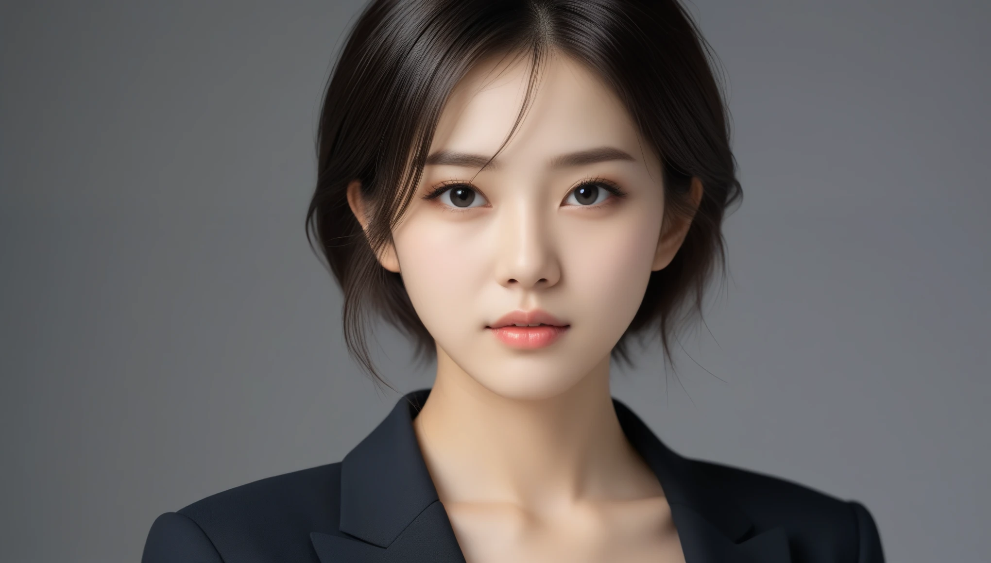 8k, Ultra-high resolution, Highest quality, masterpiece, 三分割法によるphotograph,Surreal, photograph, 1 Girl, (16 years old:1.3), pretty girl, Cute Face, Beautiful eyes in every detail, 細かくdetailedに,masterpiece,One Girl:1.2, Japan Female Announcer,upper body,from below,sad,streaming tears,Black short hair,Messy hair,(black suit:1.3),mourning clothes,(印象派の美しい少女のPortraiture), (Gray background:1.3),(Impressionist light and colour),Realistic Skin, Perfect and beautiful face ,完璧でCute Face, Skin with attention to detail, Perfect limbs、Narrow waist,Looking at the audience、beauty,Long neck,clavicle,(((Ideal body type))),A cup small breasts :2,Portraiture:2,Perfect ???????,鮮明なdetailed,detailed,Surreal,Light and shadow,underlighting