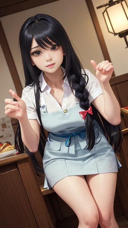 1 female, dimly lit waitress, ポーズ, かわいい, Pointed upwards, Long Hair, ポニーテール, big braided hair, Black Hair, Iris, from the front, indoor, Very nice and beautiful, Japanese, (riho yosioka), Nikon, dutch angle, masterpiece