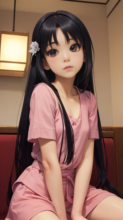1 female, dimly lit waitress, ポーズ, かわいい, Pointed upwards, Long Hair, ポニーテール, big braided hair, Black Hair, Iris, from the front, indoor, Very nice and beautiful, Japanese, (riho yosioka), Nikon, dutch angle, masterpiece
