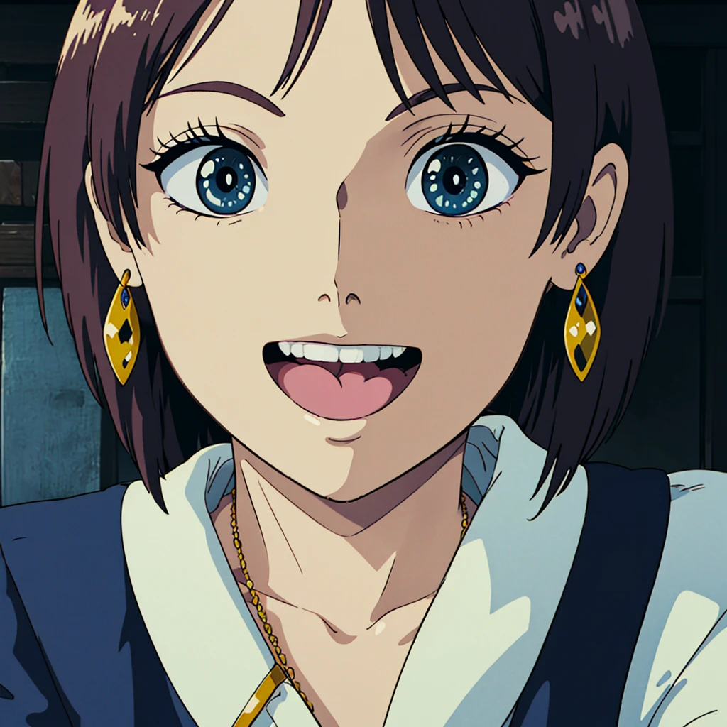 detailed eyes, Perfect features, (masterpiece), (best quality), moist skin, shiny skin, glossy skin, (good quality), intricate details, Smile, Open your mouth, earrings, Ray Tracing,